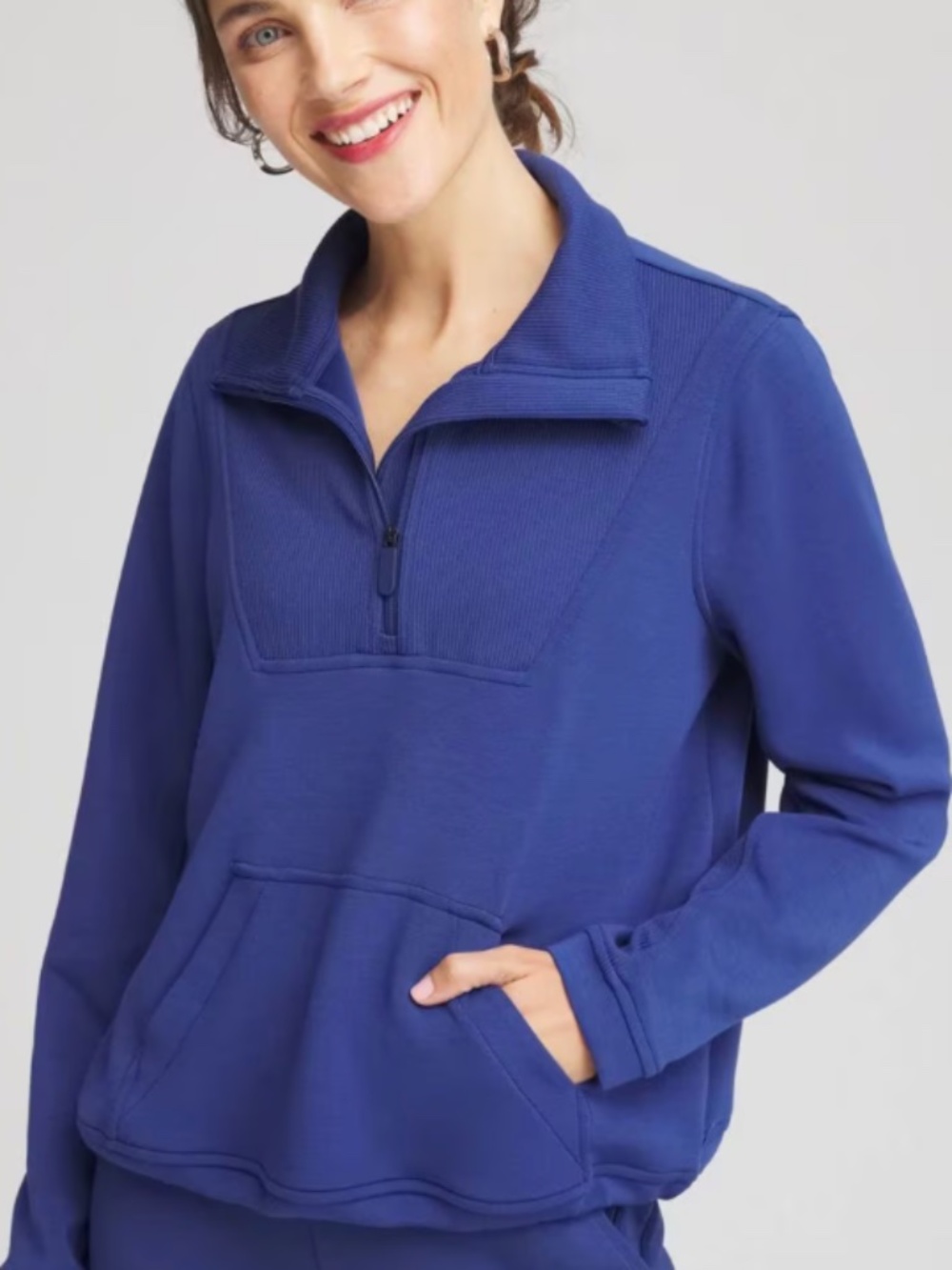 Chico's blue Zenergy scuba ribbed half-zip sweatshirt
